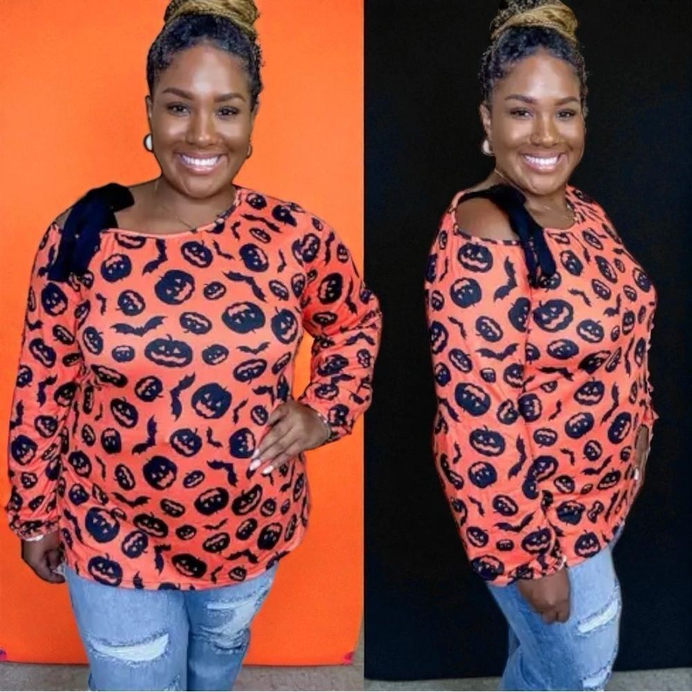 Heimish Orange Halloween Pumpkin Print One Shoulder Tie Long Sleeve T-Shirt L 🆕
